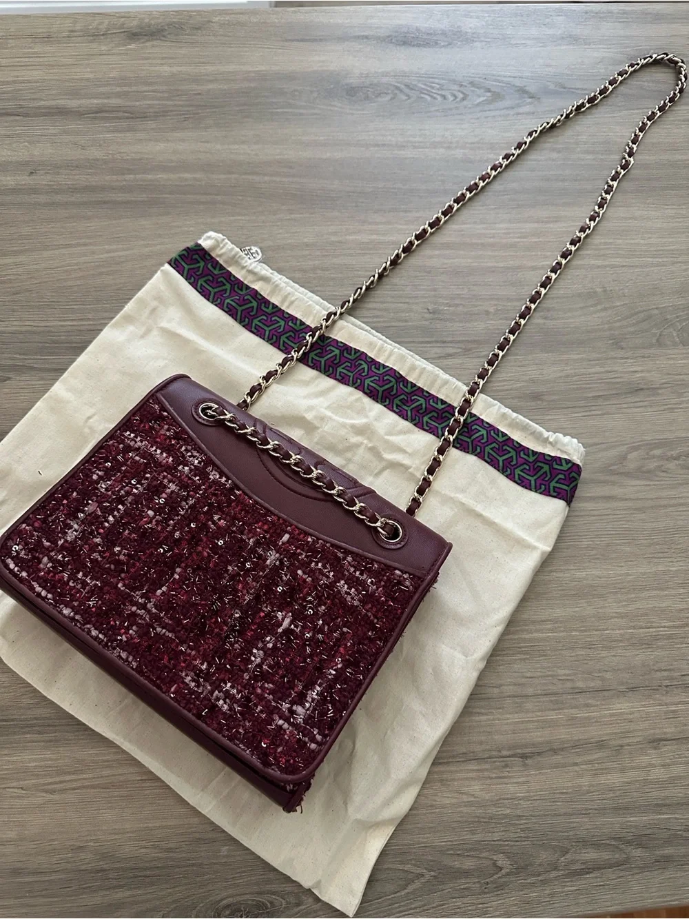 Tory Burch FLEMING Burgundy Tweed Chain-Strap Shoulder Bag
